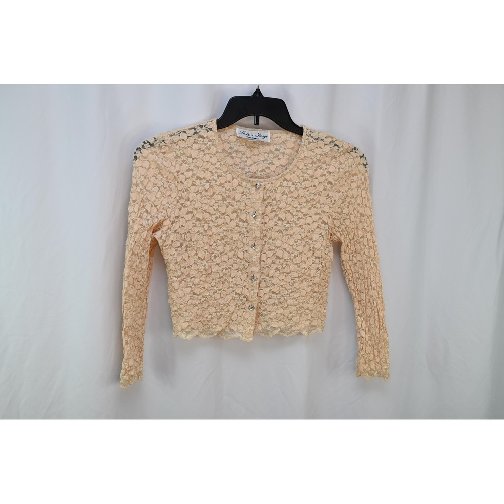 Vintage Lady's Image Delaware Cream Floral Lace Cardigan Rhinestone Button Sz 8